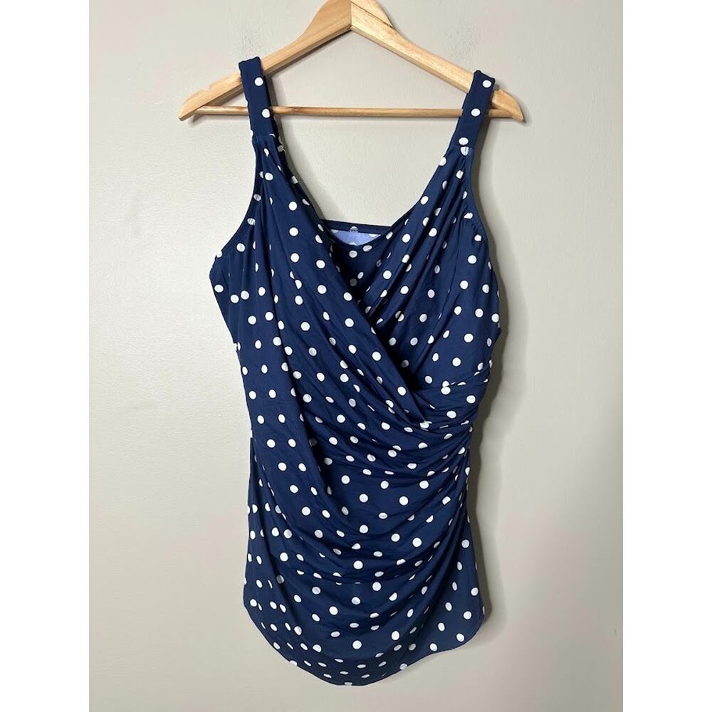 LANDS END Navy Blue Polka Dot V-Neck Wrap One Piece Swimsuit‎ Womens 22W Retro